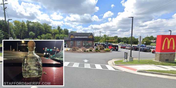 The man was caught with a bottle of Patron after stumbling his way to McDonald's in Stafford County.