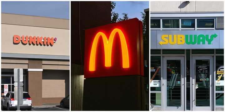 Signs for Dunkin', McDonald's, and Subway.