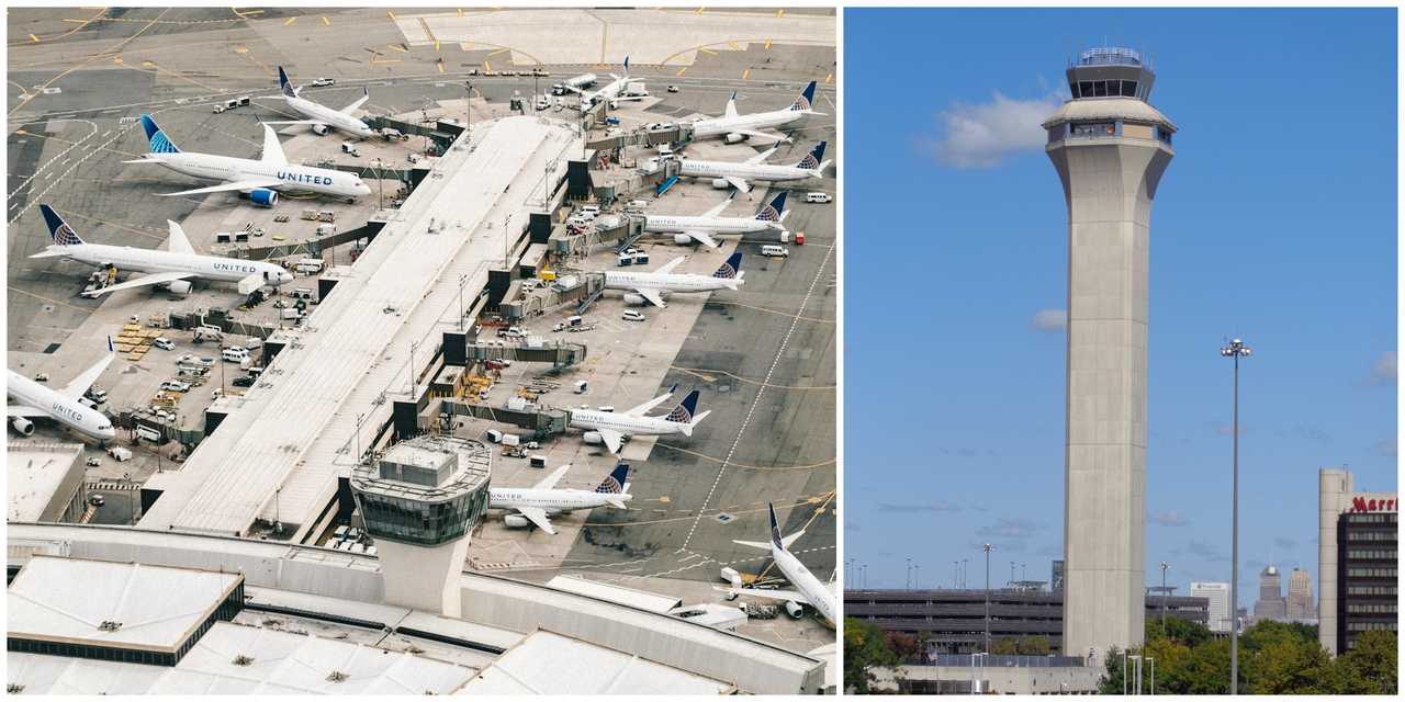 Planes sitting at gates and an air traffic control tower at Newark Liberty International Airport. Planes sitting at gates and an air traffic control tower at Newark Liberty International Airport.