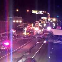 <p>The cab of a tractor-trailer involved in the crash was on one side of the divider and the trailer on the other on Route 80 in Hackensack.</p>