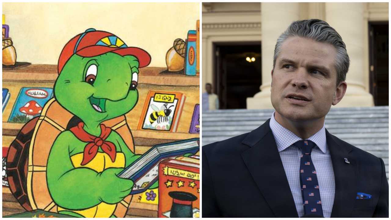 Children's book character "Franklin the Turtle" and Defense Secretary Pete Hegseth.
