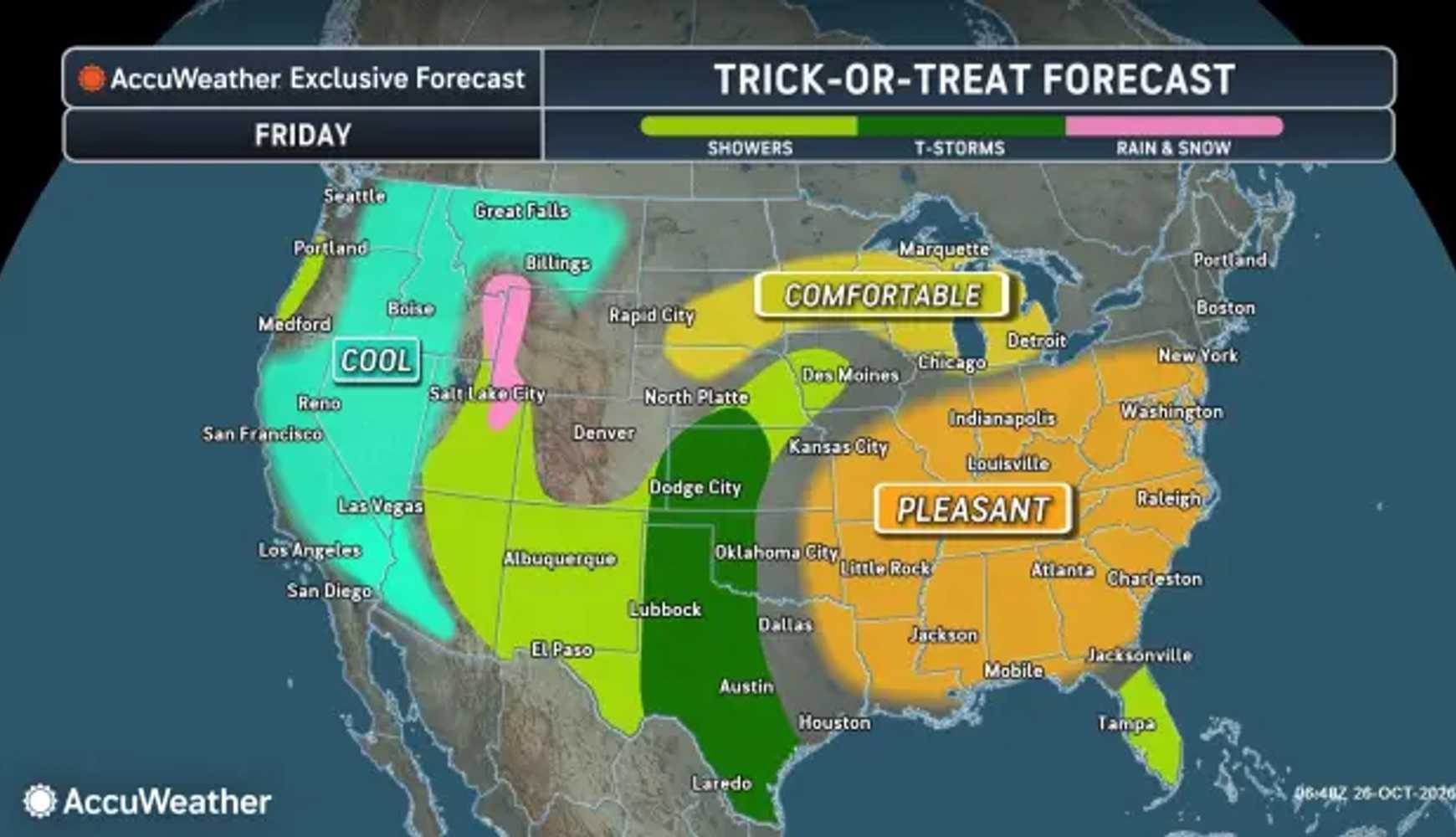 
Conditions will be mainly dry in the Northeast and Mid-Atlantic on Friday, Oct. 30, while showers threaten portions of the Southwest and central US.
