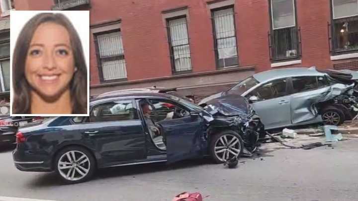 Scene from the Spruce Street crash on July 17. Inset: Dr. Barbara Ann Friedes 