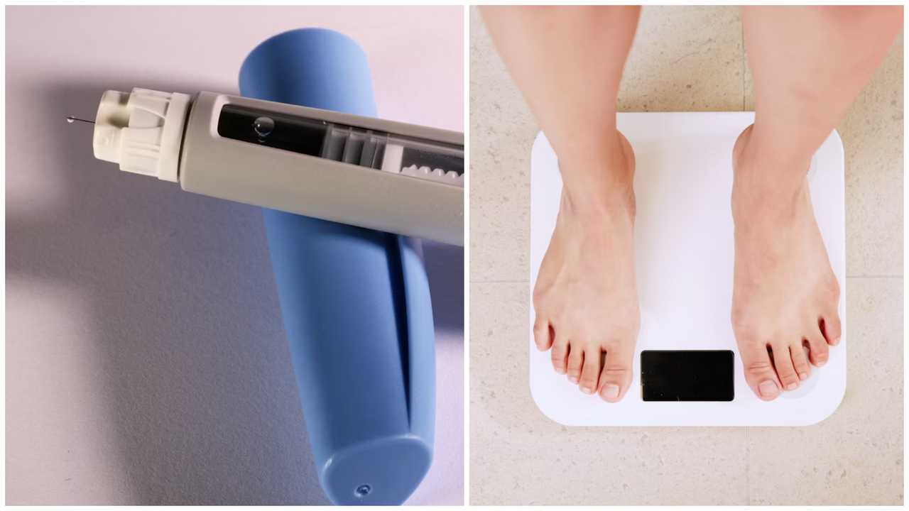 A GLP-1 injection pen and a person standing on a scale.
  
