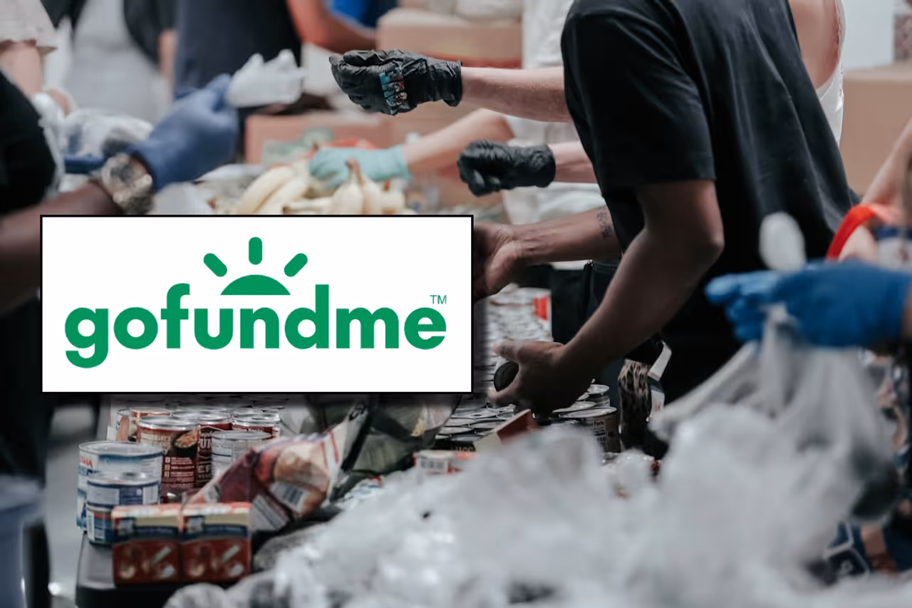 The GoFundMe logo and workers at a food bank. The GoFundMe logo and workers at a food bank.