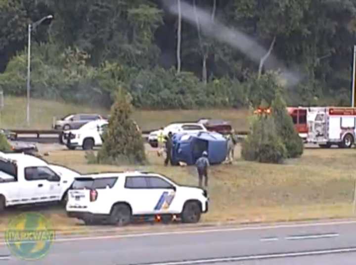 A car overturned in the median of the Garden State Parkway in Middletown, NJ, on September 27, 2024.