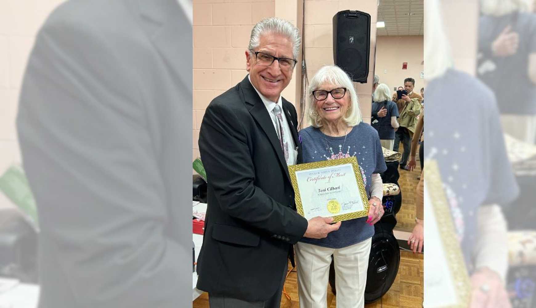 
Toni Cilberti with New York State Sen. James Tedisco at her 100th birthday party, held at the Clifton Park Senior Center in April 2025.
