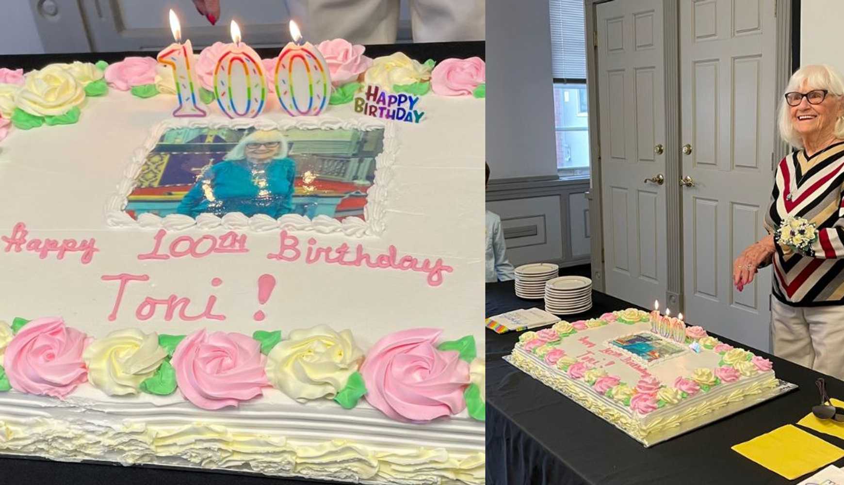 
Toni Cilberti, pictured with her cake, at her 100th birthday party in Clifton Park in April 2025.
  

