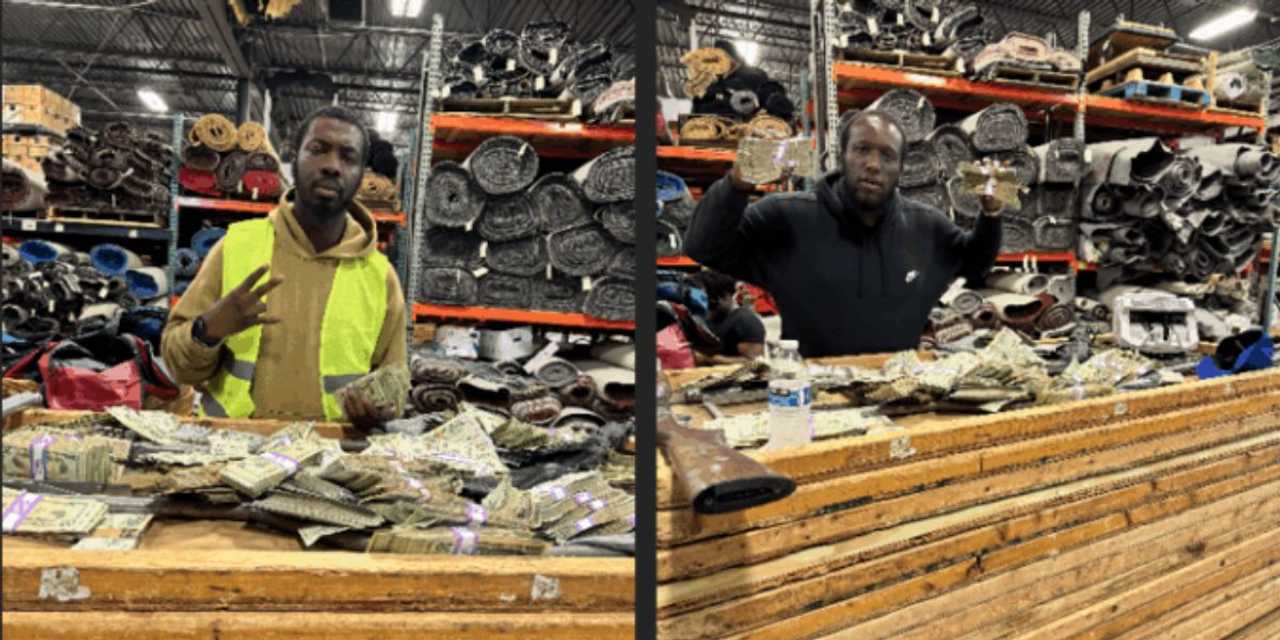 Dejuan Michaels (left) and Daiquan Smith (right) pose with the money, guns and watches they stole from a Valley Stream home in September 2023. 
