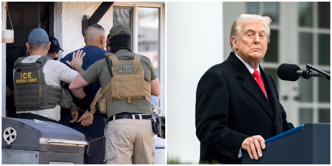 Immigration and Customs Enforcement agents arresting a person, and President Donald Trump. Immigration and Customs Enforcement agents arresting a person, and President Donald Trump.