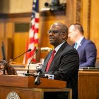 <p>Westchester County Executive-elect Ken Jenkins addresses the Board of Legislators after being sworn in to his new position. </p>