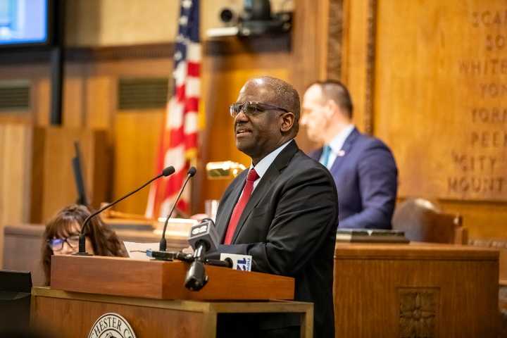 Westchester County Executive-elect Ken Jenkins addresses the Board of Legislators after being sworn in to his new position. 