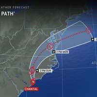 <p>A look at Chantal's projected path through Tuesday afternoon, July 8.</p>
