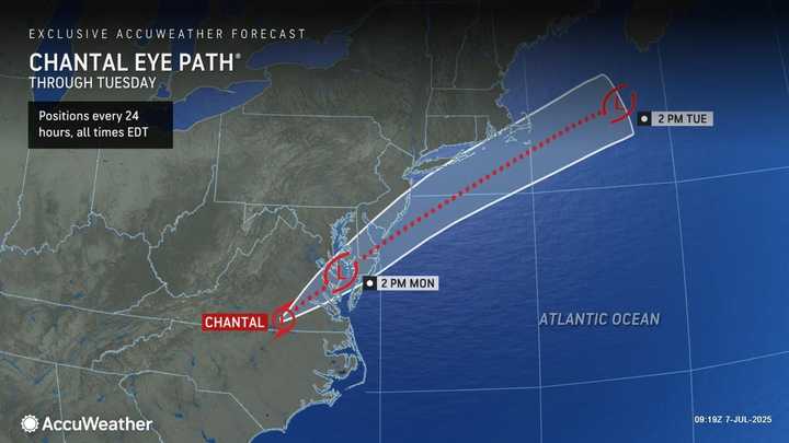 A look at Chantal's projected path through Tuesday afternoon, July 8.
  
