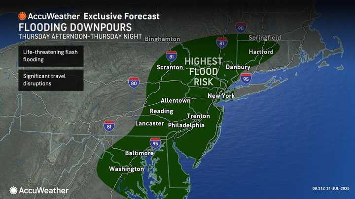 Areas at highest risk of flash flooding Thursday, July 31, into Friday, Aug. 1.
  
