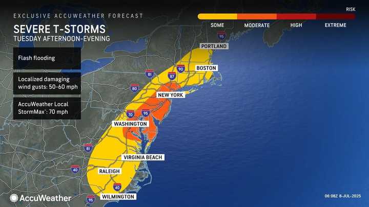 The most severe storms on Tuesday, July 8, are expected in locations in orange.
  
