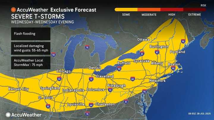 A cold front moving east from the Midwest will trigger severe storms with heavy rain and strong wind gusts on Wednesday, July 30.
  
