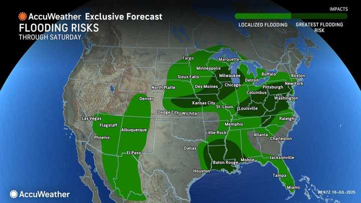 Locations in the darkest shade of green have the highest risk of flooding through the end of the week.