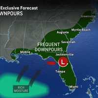 <p>Tropical downpours are possible in the locations shaded in green from Monday, July 14, through Thursday, July 17.</p>