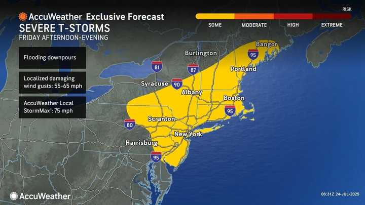 Locations where the most severe storms are expected on Friday, July 25, are shown in yellow.
  
