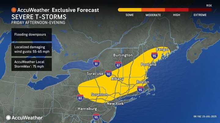 Locations where the most severe storms are expected on Friday, July 25 are shown in yellow.