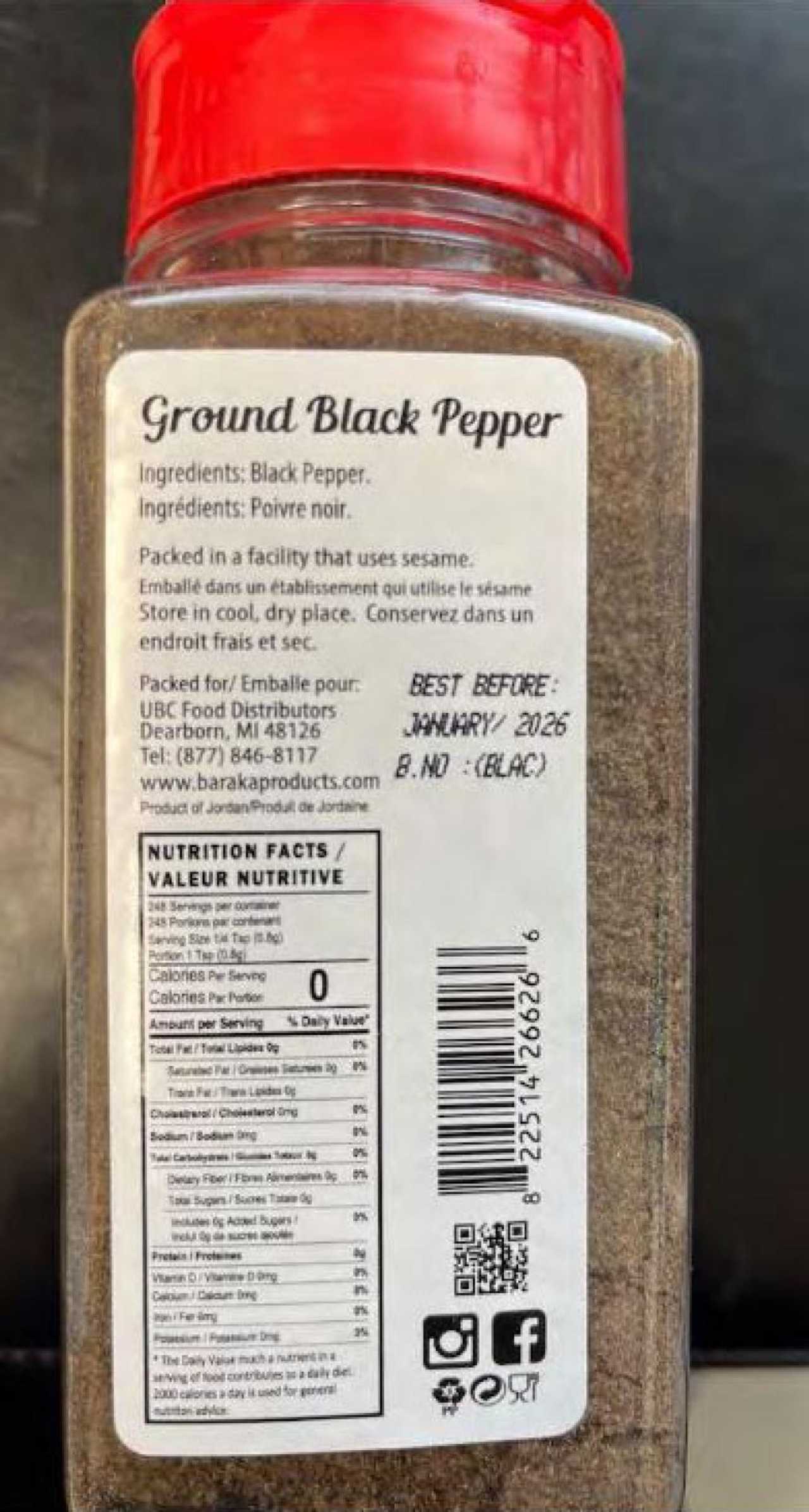 UBC Food Distributors issued the recall for the product under the Baraka brand name in 7-ounce plastic containers with UPC code 8 22514 26626 6, the FDA announced.

