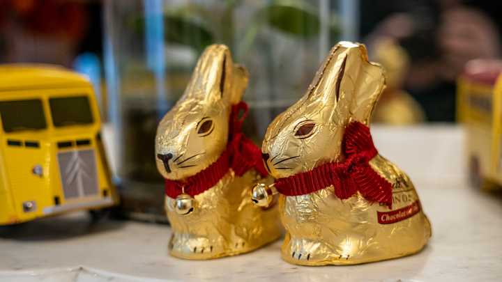 Two chocolate bunnies sitting on a table.