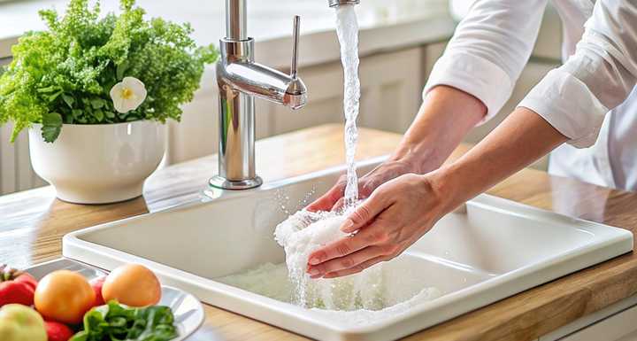 A woman using a kitchen sink.