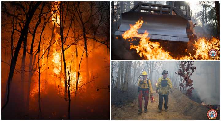 Firefighters battling a wildfire near Lakewood Country Club in Lakewood, NJ, in November 2024.