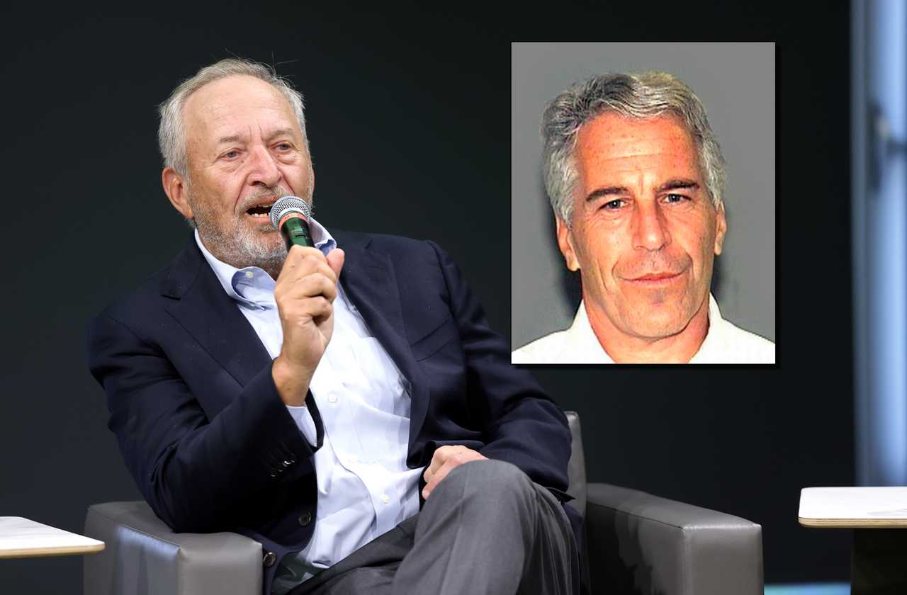 Former Treasury Secretary Larry Summers and a mugshot for convicted child sex offender Jeffrey Epstein.