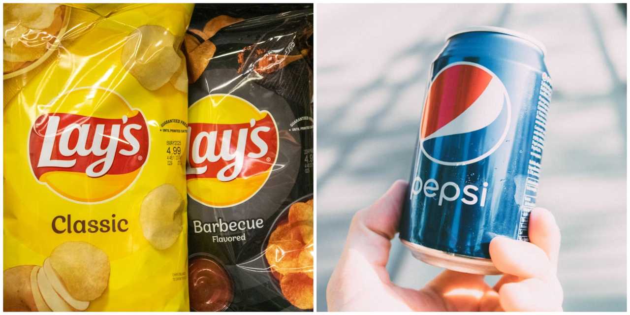 Two bags of Lay's potato chips and a person holding a can of Pepsi. Two bags of Lay's potato chips and a person holding a can of Pepsi.
