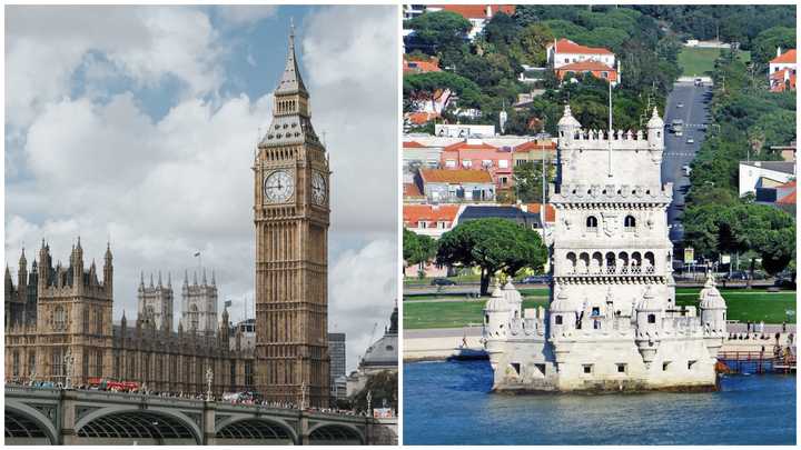 Big Ben in London and the&nbsp;Belém Tower in Lisbon, Portugal.