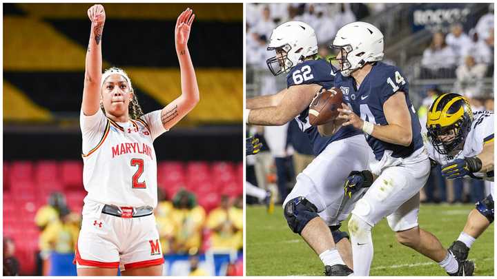 A Maryland Terrapins women's basketball game and a Penn State Nittany Lions football game.