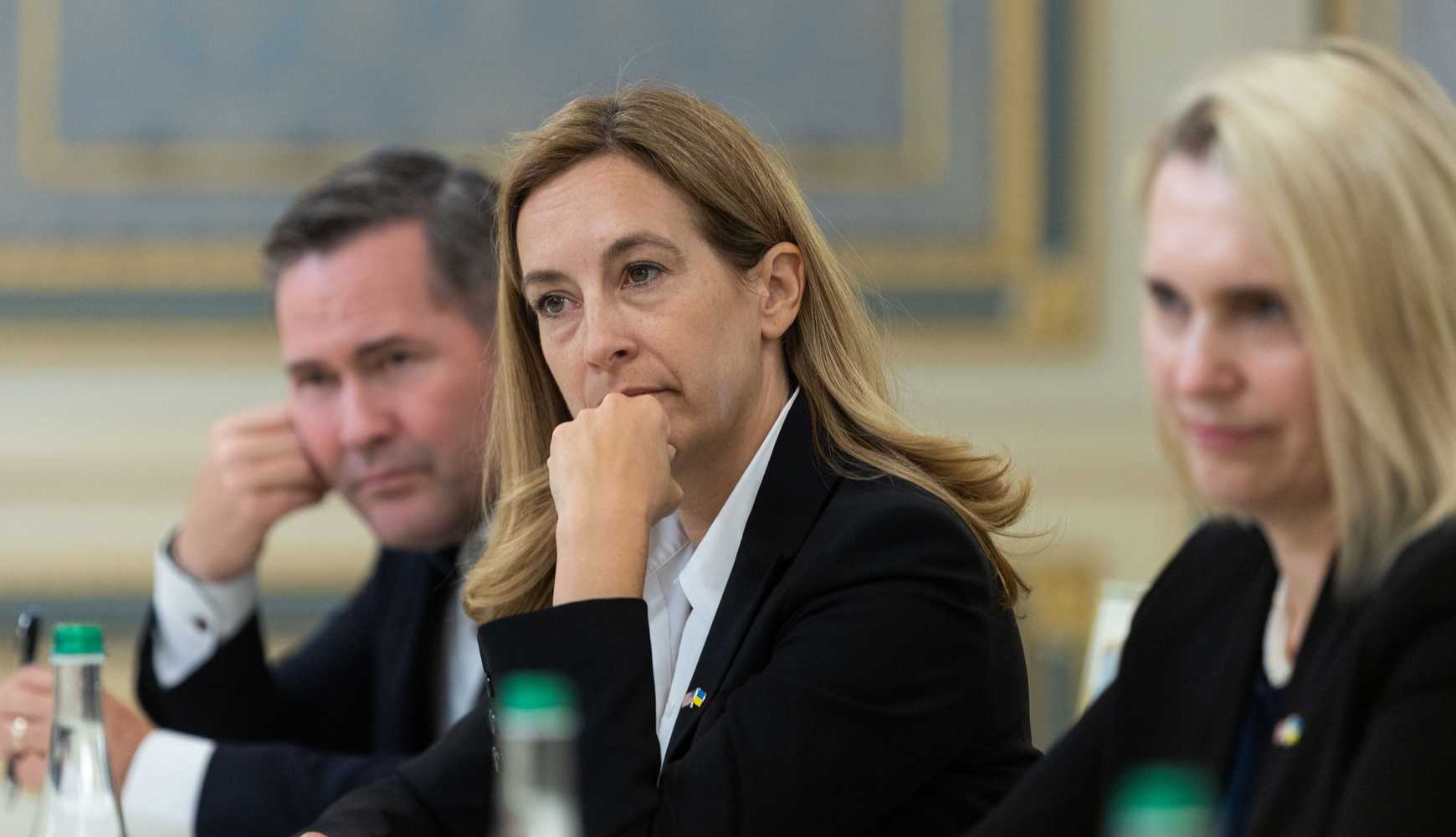
Rep. Mikie Sherrill (D-NJ) at a July 2022 meeting with Ukrainian leaders in Kyiv.
