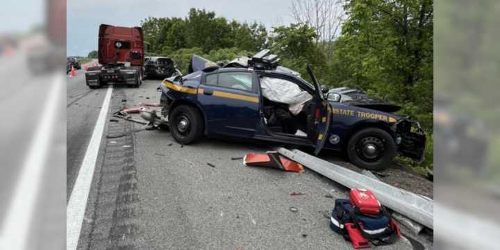 The scene of the crash on westbound I-90 in Pattersonville on Friday, June 6.&nbsp;