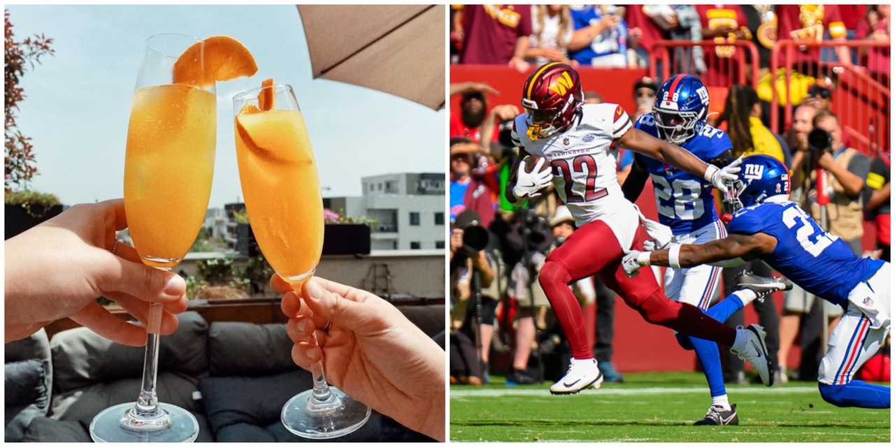 Two people holding mimosas and a September 2025 NFL game between the Washington Commanders and the New York Giants. Two people holding mimosas and a September 2025 NFL game between the Washington Commanders and the New York Giants.