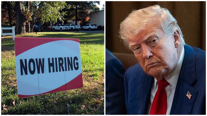 A "now hiring" sign and President Donald Trump.
