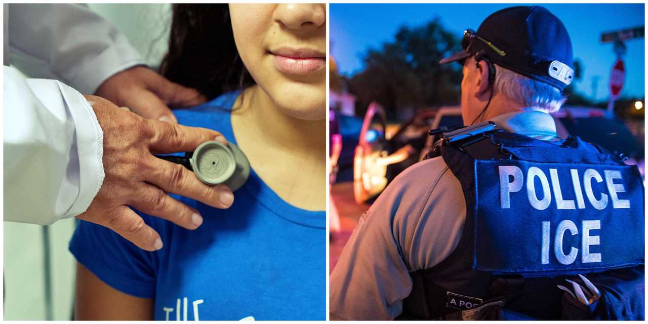 A pediatrician using a stethoscope on a girl and an Immigration and Customs Enforcement agent.