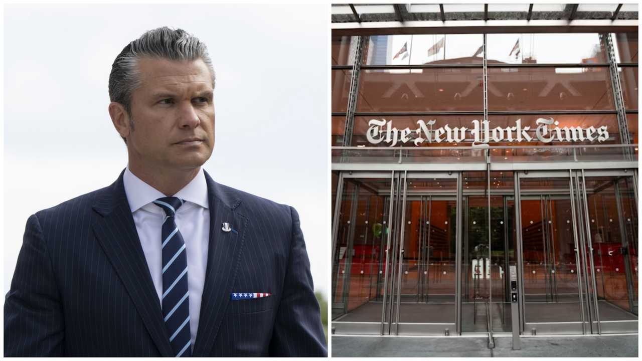 Defense Secretary Pete Hegseth and the entrance to The New York Times.