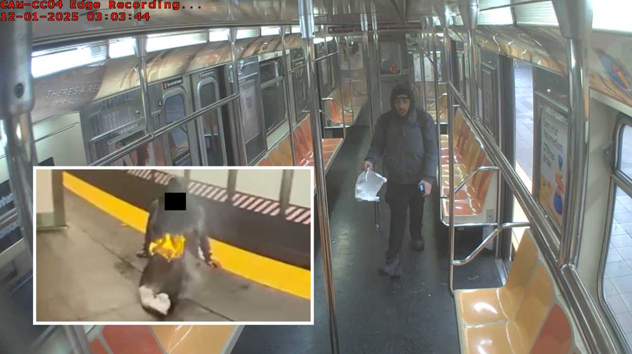 Hiram Carrero appears on surveillance video moments before prosecutors say he set a sleeping subway rider on fire near 34th Street Penn Station and jumped off the train. The victim (shown in inset) suffered critical injuries in the attack.&nbsp;