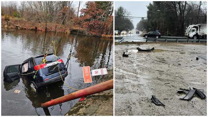 An SUV crashed and went into the water at the Centerton Pond Dam in Pittsgrove, NJ, on December 16, 2024.