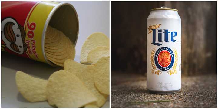 A can of Pringles and a can of Miller Lite.