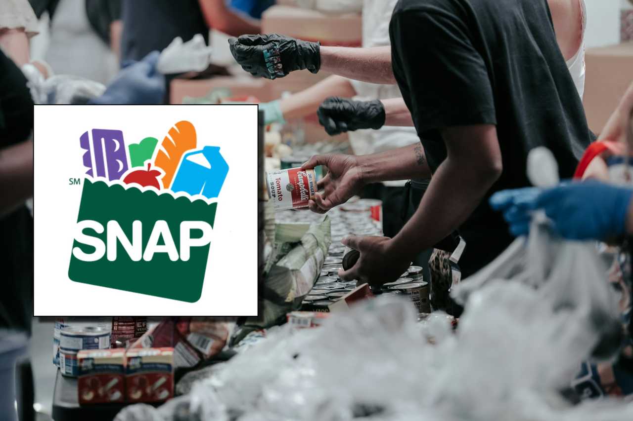 The Supplemental Nutrition Assistance Program logo and workers at a food bank. The Supplemental Nutrition Assistance Program logo and workers at a food bank.