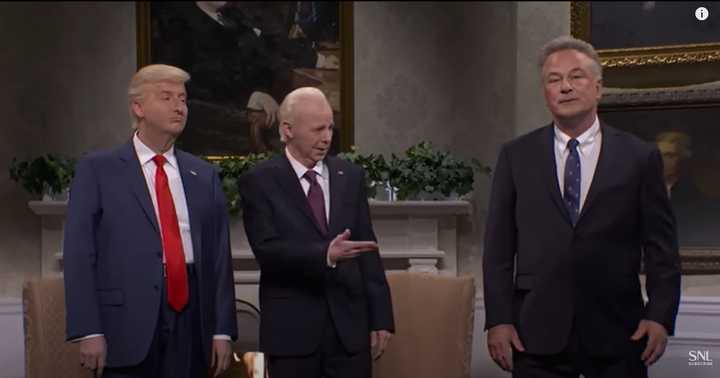 Alec Baldwin (right) portrays Robert F. Kennedy Jr. in an episode of Saturday Night Live on NBC Saturday, Nov. 16. Also pictured:&nbsp;James Austin Johnson (left) and Dana Carvey (center).