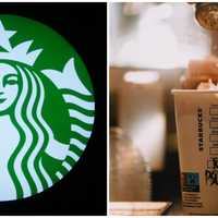 <p>A Starbucks sign and a barista making a Pumpkin Spice Latte.</p>
