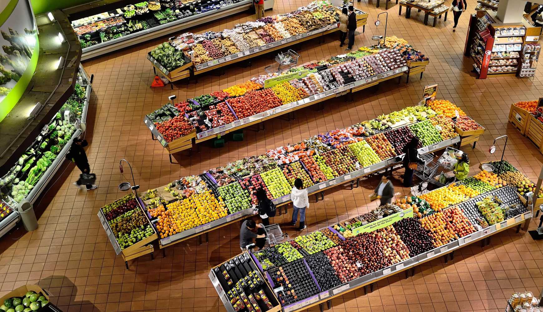 
An aerial view of a produce section at a supermarket.
