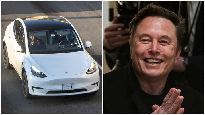 A Tesla Model Y car and CEO Elon Musk.