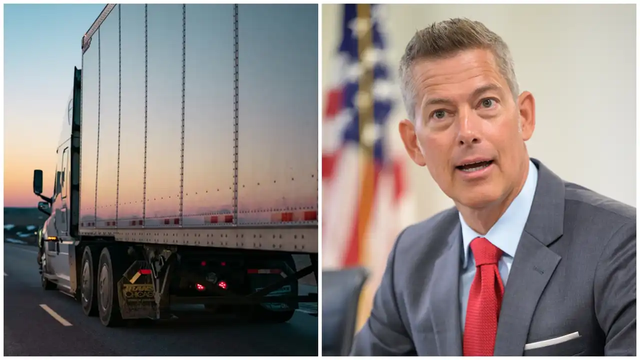 A tractor-trailer and Transportation Secretary Sean Duffy. A tractor-trailer and Transportation Secretary Sean Duffy.