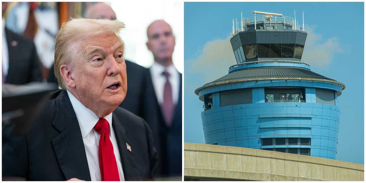 President Donald Trump and an air traffic control tower at LaGuardia Airport.
  
