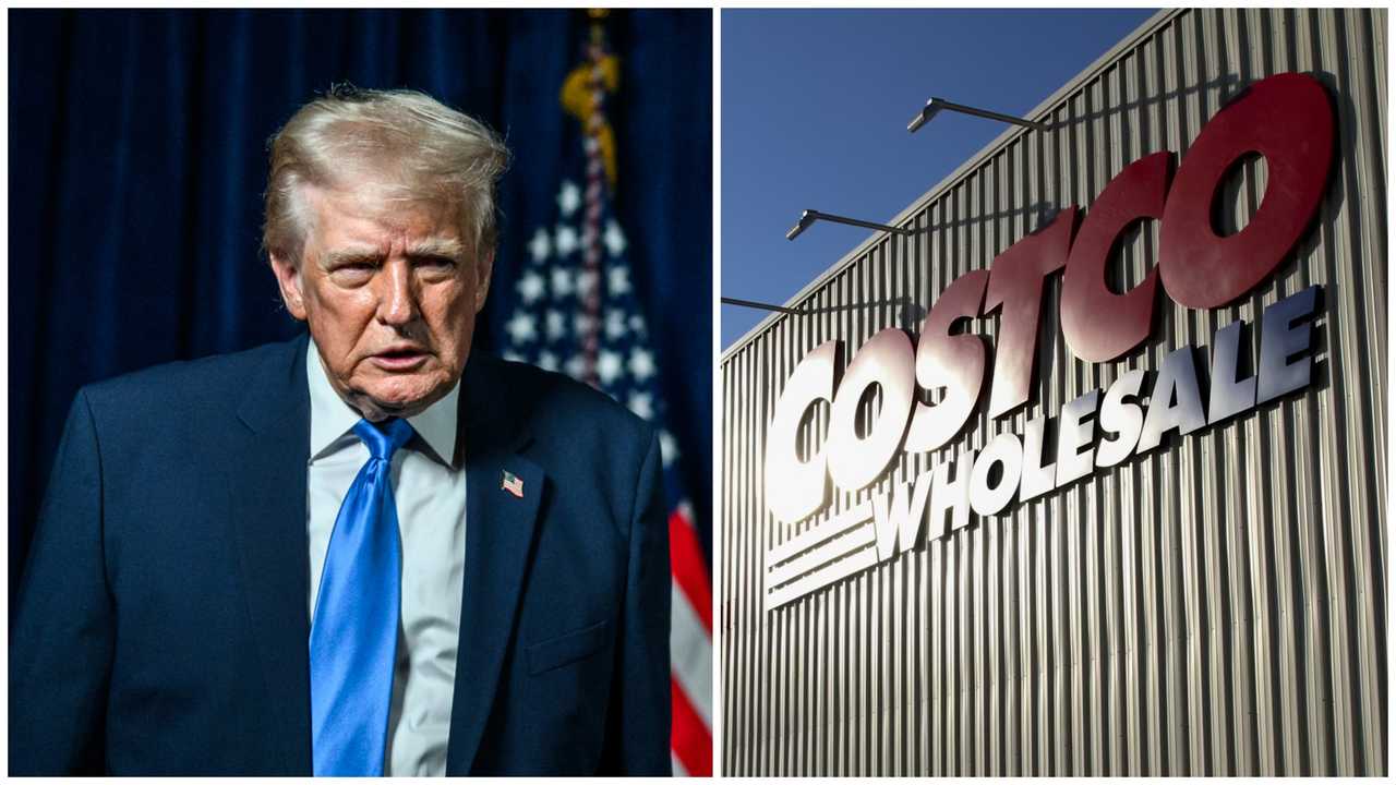 President Donald Trump and a sign on the exterior of a Costco Wholesale location.